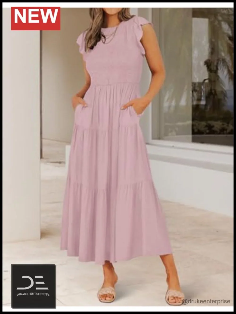 Flutter Short Sleeve Smocked Elastic Waist Tiered Midi Dress